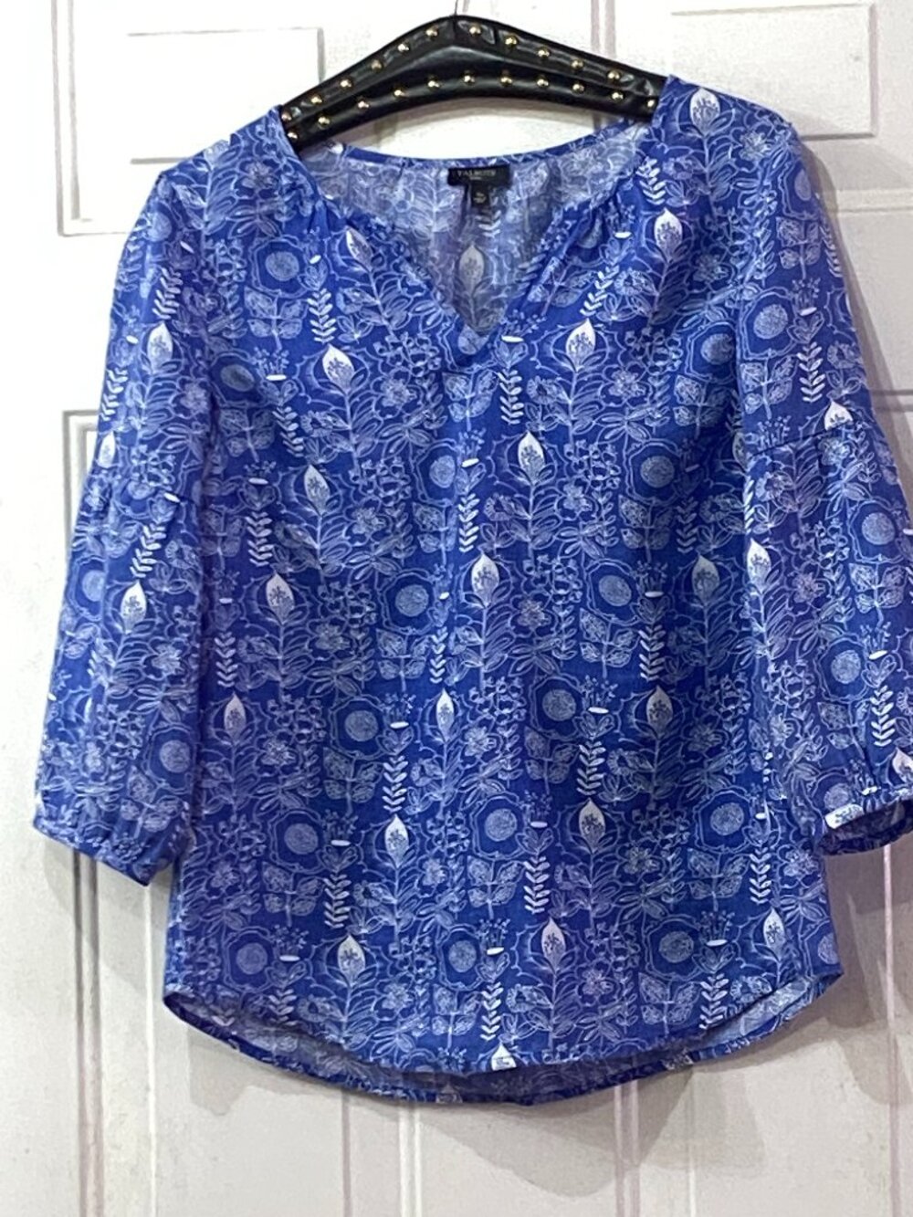 Talbots Linen Sz Sp Blouse 3/4 Sleeve Purple/White Graphic Floral